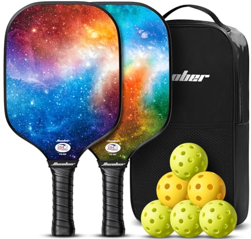 Hicober for Pickleball Paddles Set of 2,USAPA Approved Pickleball Rackets with 6 Balls,Fiberglass Surface Paddles for Men and Women Orange Blue Mix