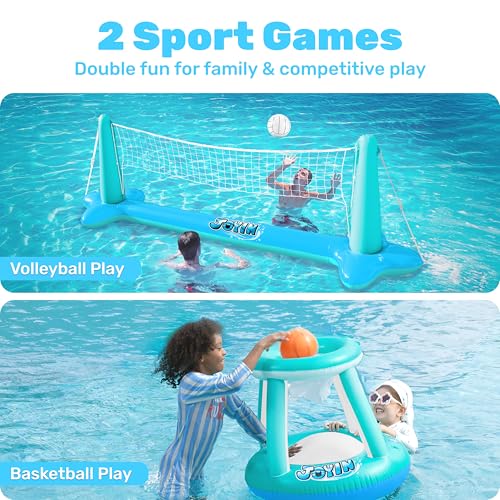 JOYIN Inflatable Pool Float Set Volleyball Net & Basketball Hoops, Floating Swimming Game Toy for Kids and Adults, Summer Floaties, Volleyball Court (105”x28”x35”)|Basketball (27”x23”x27”),L-Blue - color: Blue Cyan, size: Large