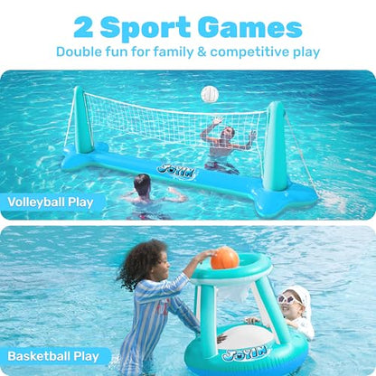 JOYIN Inflatable Pool Float Set Volleyball Net & Basketball Hoops, Floating Swimming Game Toy for Kids and Adults, Summer Floaties, Volleyball Court (105”x28”x35”)|Basketball (27”x23”x27”),L-Blue - color: Blue Cyan, size: Large