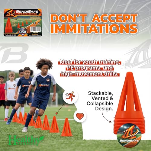 Soccer Training Cones Set of 12 - Flexible Agility Marker Cones for Soccer, Football, Hockey & Basketball Drills - 9” Tall 6” Base - High Visibility Orange Field Marker Cones - Made in USA - BendiSafe