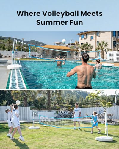 IGL Pool Volleyball Net Set, Pool Volleyball Set with 15 Ft Length Net, Height Adjustable Volleyball Net for Pool, Anti-Rust Stainless Steel Pool Games Set, Two Fillable Bases, Includes 2 Volleyballs - size: Volleyball Set