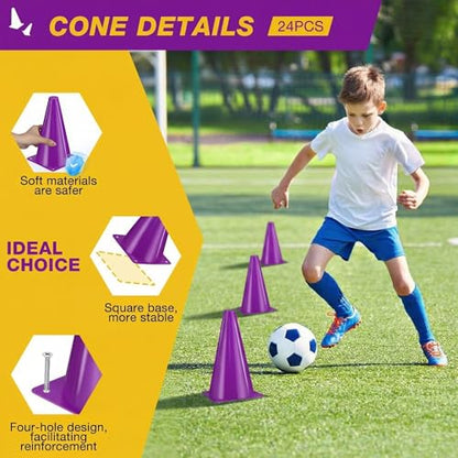 24pcs Cones 9 Inch Soccer Cones and Plastic Traffic Cones, Durable Cones for Sports Training, Ideal for Soccer, Basketball, Football, Skating, and Agility Drills Practice - color: purple