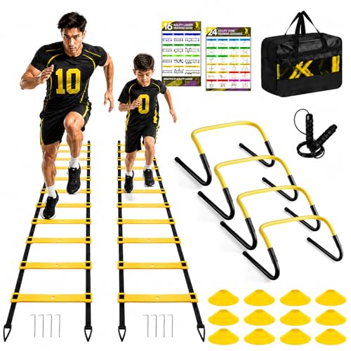 BORNEW 2 Pack Agility Ladder, Soccer Speed Training Equipment Set with Total 26 ft Agility Ladder, 12 Cones, 4 Adjustable Hurdles, Jump Rope, for Soccer, Basketball, Football, Kids, Youth, Adults - color: 1.Yellow