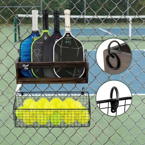 MyGift Solid Dark Brown Wood Pickleball Paddle Holder Rack with Black Metal Ball Storage Basket and Next Up Sliding Marker, Wall Mounted or Fence Hanging Paddle Organizer for Indoor/Outdoor Courts