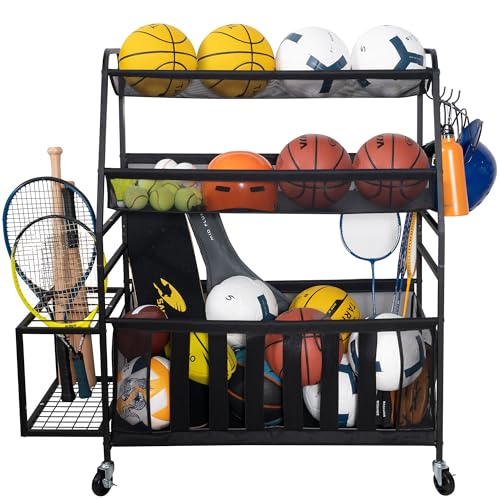 STORAGE MANIAC Ball Storage Bin Rolling Sports Ball Cart, Metal Garage Organizer Sport Rack Basketball Storage Cage for Garage or Gym, Indoor & Outdoor Sports Equipment Organizer - style: Large Sports Equipment Organizer