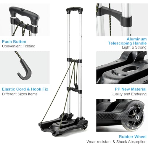 Vsaikeo Small Folding Hand Truck Dolly with 2 Wheels, Lightweight Aluminum Foldable Luggage Cart, Collapsible Cart Portable Dolly for Airport Travel Moving Use