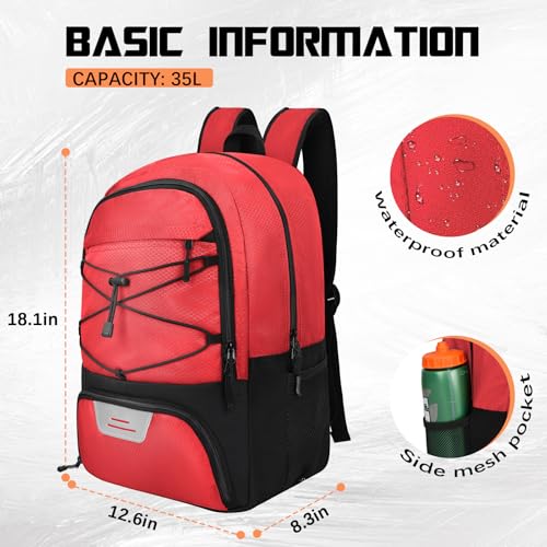 Goloni Soccer Backpack Bag with Separate Ball & Cleat Shoe Compartment,Sports Gym Backpack for Teen Girls Boys Men Women Kids - color: Red