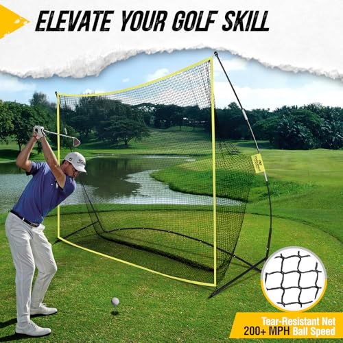 Golf Net, 10x7ft Golf Practice Net with Noise Reduce Silk Target Driving Real Balls, Hitting Nets for Backyard Garage, Improve Chipping Putting Pitching,Gift for Men & Golfers - color: Yellow
