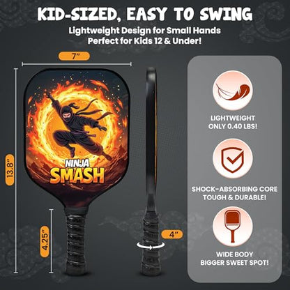 Kids Pickleball Paddle Designed for Ages 3–12 | Lightweight Fiberglass (0.37 lbs) | Small Grip for Easy Control | Fun Beginner Gift for Girls, Toddlers & Youth - color: Ninja