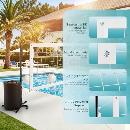 Pool Volleyball Net Set, No Drilling Base Free with Dual 25L Water Bags for Stability,Includes Heavy Duty Anti-Sag & 2 Volleyballs with Pump, for Above Ground & Inground Pools & Swimming Pool Games