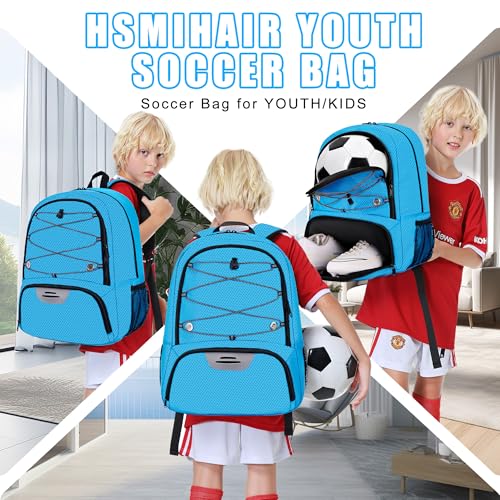 Hsmihair Youth Soccer Bag-Soccer Backpack&Backpack for Football Basketball,with Ball Compartment Separate Cleat Package - color: Blue