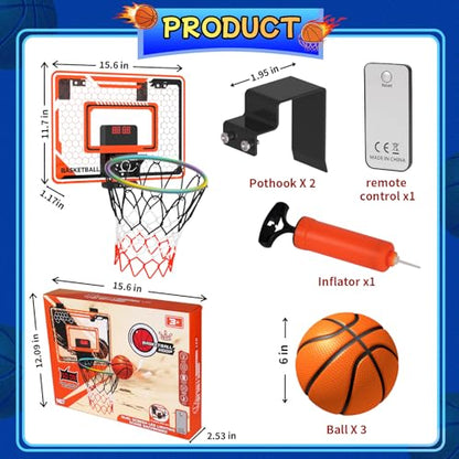 LED Basketball Hoop for Kids - Over The Door Indoor Hoop with Electronic Scoreboard & 3 Mini Balls, Birthday Gift for Boys Girls Ages 5 6 7 8 9 10 11 12+ Years Old