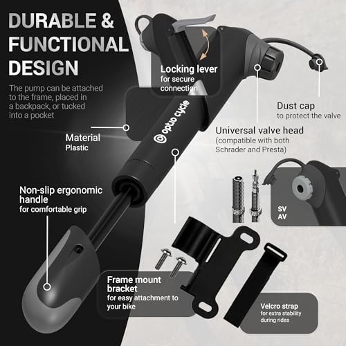 Mini Bike Pump 120 PSI / 8.3 Bar – Compact Portable Frame-Mounted Bicycle Hand Air Pump for Presta and Schrader Valve | Small Manual Tire Tool for Road, Track, Mountain Bike, BMX, Ebike - color: Black