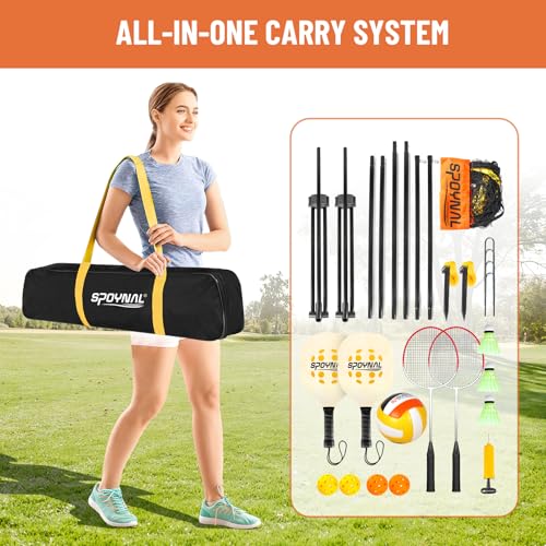 3-in-1 Adjustable Height Volleyball Badminton Pickleball Net Set - Portable Badminton Net Set for Backyards with Badminton Racket & Shuttlecocks, Volleyball Set with ball & Pump, Pickleball & CarryBag