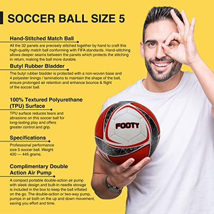 Footy - Size 5 Leather Soccer Ball with Pump - Professional Youth Training Ball - color: Red