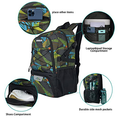 GRANDUP Basketball backpack with ball and shoes compartment Fit Volleyball, soccer, Swim, Gym, Travel, and School, large capacity sports training equipment bags - color: polygon camo