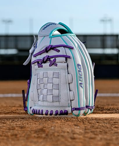 Wilson 2026 A500 Siren Fastpitch Softball Gloves - color: White/Seafoam/Purple, size: Infield/Pitcher: 12"