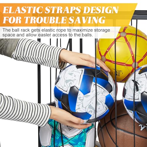 Garage Ball Storage Wall-Mounted & Floor Sports Equipment Organizer: Sports Ball Rack with Elastic Rope, Holder for Basketball, Soccer, Volleyball, Football, Garage, Gym, Black(Patent Pending) - size: Small, style: With Adjuster Foot,Rectangle