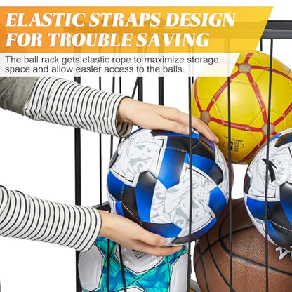 Garage Ball Storage Wall-Mounted & Floor Sports Equipment Organizer: Sports Ball Rack with Elastic Rope, Holder for Basketball, Soccer, Volleyball, Football, Garage, Gym, Black(Patent Pending) - size: Small, style: With Adjuster Foot,Rectangle