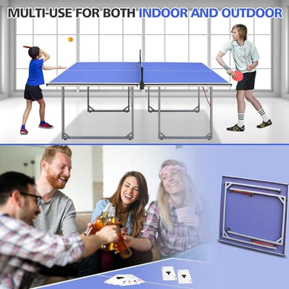 Foldable Ping Pong Table Portable 4.5FT/6FT/9FT Indoor MDF Table Tennis Table Multi-Purpose Family Game Table with Net, 2 Paddles and 3 Balls for Kid Teenager Adult - color: 6FT Blue White