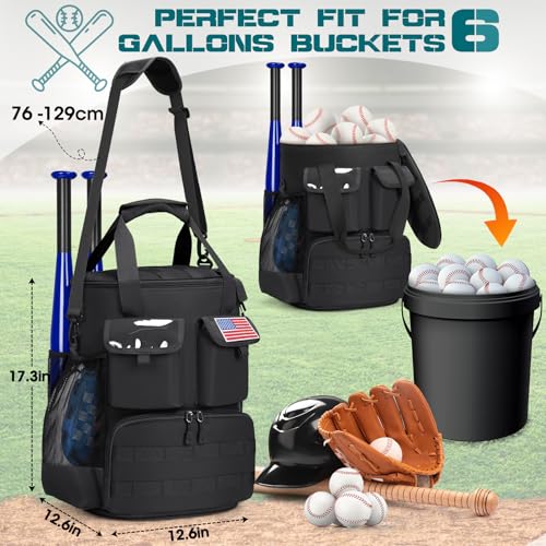 RAINSMORE Baseball Bucket Bag Tactical Baseball Coaches Bag with Insulation Pocket Lightweighht Softball Baseball Bag Backpack for Adult Multiple Pockets for Balls, Bat, Gloves, Scoreboards