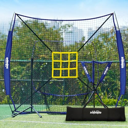 Zupapa 7x7 Feet Baseball Softball Hitting Pitching Net Tee Caddy Set with Strike Zone, Baseball Backstop Practice Net for Pitching Batting Catching for All Skill Levels - color: Blue