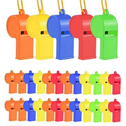 WSYUB Plastic Whistles, 24Pcs Sports Whistle Bulk with Lanyard, Loud Crisp Sound Whistle for Coaches Referees, Colorful Toy Giveaways Party Whistles