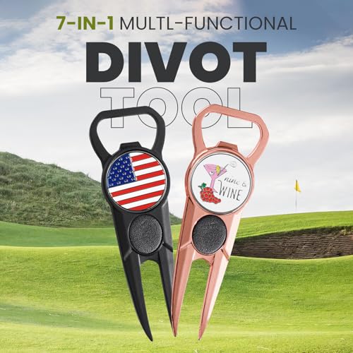 Amy Sport Premium Golf Divot Repair Tool Ball Markers with Belt Clip Value 3 Pack, 7-in-1 Tools Leather Grip Club Holder, Bottle Opener, Club Groove Cleaner, Putting Alignment Guide