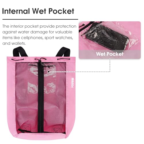 WANDF Swim Bag Mesh Drawstring Backpack Beach Backpack for Swimming, Gym, and Workout Gear - color: Pink With Wet Pocket
