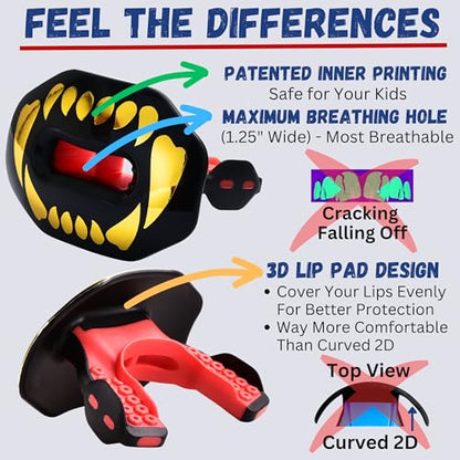 Oral Mart Flag Football Mouth Guard with 3D LipFit Design for Kids - Youth Football Mouthguard (No Boil) Cool Instant Fit Lip Guard Mouthpiece for Braces (Detachable Helmet Strap Included) - color: Golden Fangs