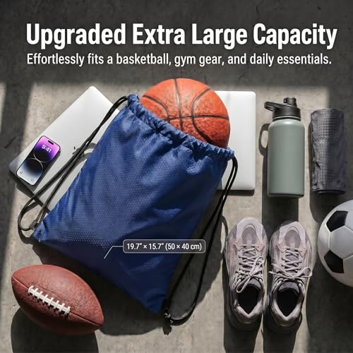Extra Large Drawstring Backpack, Heavy-Duty Oxford String Bag for Basketball, Soccer & Laptop (2, Blue) - color: Blue