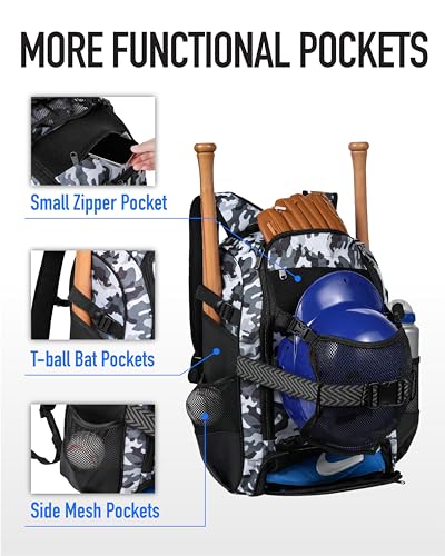 Large Baseball Backpack for Adult Youth 42L Softball Bat Bag with Detachable Adjustable Helmet Mesh Pocket Fit Basketball Soccer Volleyball Baseball Equipment Bag for Men Women 12+ Boys Girls - color: Black White Camouflage