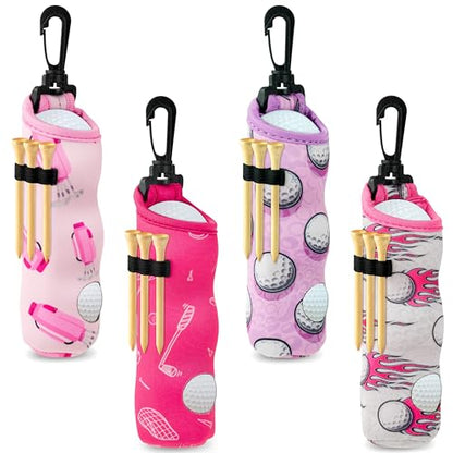Golf Tee Pouch Bags - 4-Packs Pink Golf Ball Tee Carry Holder Bags Set with Clip Hooks Mother's Day for Women Girls Birthday Portable Golfer Club Accessories