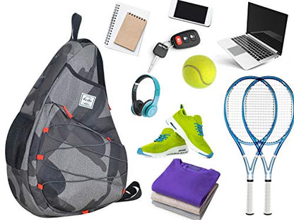 Tennis Bag for Men Women, Racquetball Pickleball Paddle Squash Sling Bags Crossbody Sports Backpack Adult with USB Charge Port - color: Camouflage