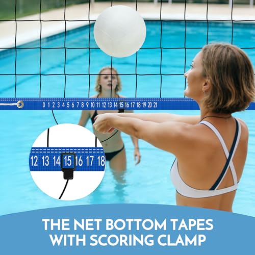 Base Free Swimming Pool Volleyball Net Set for Inground Pools with 3-Height Adjustable Aluminium Poles, Durable Anti-Sagging Net, 2 Water Volleyballs and Carry Bag - color: Blue