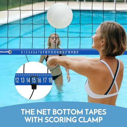 Base Free Swimming Pool Volleyball Net Set for Inground Pools with 3-Height Adjustable Aluminium Poles, Durable Anti-Sagging Net, 2 Water Volleyballs and Carry Bag - color: Blue
