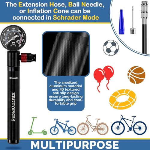 Bike Pump with Gauge, Mini Bike Pump 160 PSI with Pressure Gauge & Ergonomic Grip, Dual Valve Schrader Presta Inflator for Road and Mountain Bike Tires, Ball, Swimming Ring.