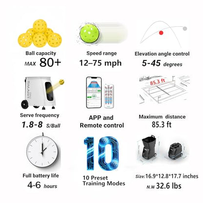 Smart Pro Pickleball Machine with App & Remote Control, Internal Oscillation, 28 Landing Points, 10 Training Modes, 12-75 MPH, 85+ Ball Capacity, 4-6H Battery - color: Black