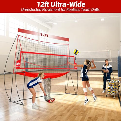 2-in-1 Volleyball Practice Net Station with Patented 5-Height (6'6'' to 8'), Heavy Duty Training System for Hitting Spiking Serving, Backyard Indoor Outdoor Trainer Equipment