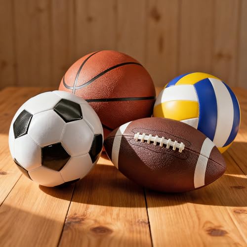 4 Pcs Sport Balls Set Include Official Size 7 Basketball 9 Football 5 Volleyball 5 Soccer with Bag Pump Sports Equipment for Adults Back to University School Ball Gift