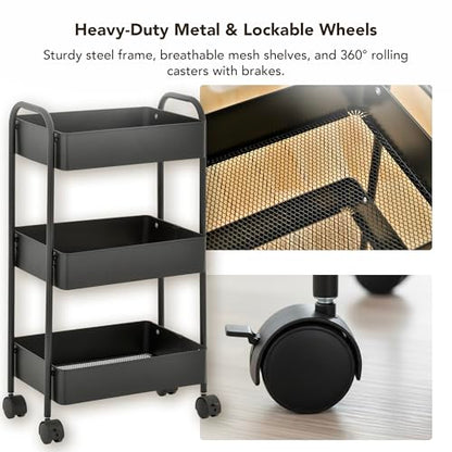 Displays By Jack 3-Tier Rolling Storage Cart, Metal Utility Organizer on Wheels – Deep Mesh Baskets for Kitchen, Pantry, Laundry, Bathroom, Home