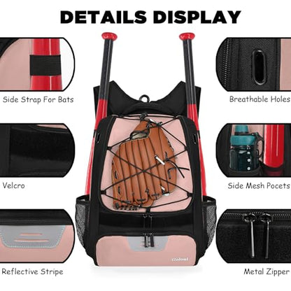 Goloni | Baseball Backpack,Baseball Bag for Adult,Softball Bat Bag with Shoes Compartment,Large Main Compartment for Helmet & accessories, Fence Hook - color: Pink