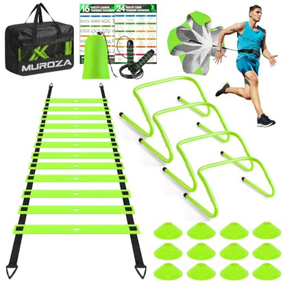 MUROZA Agility Ladder, Agility Speed Training Equipment Set, 20ft Speed Ladder, 12 Soccer Cones, 4 Hurdles, Jump Rope, Running Parachute, Soccer Football Basketball Training Equipment Accessories - color: Green
