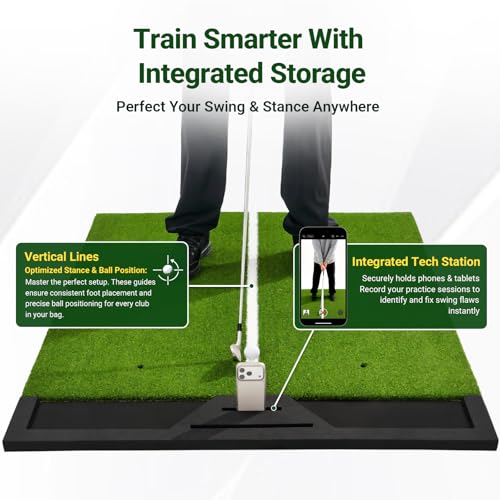 Large Golf Hitting Mat 5x4ft Indoor Outdoor Backyard, Thick Golf Practice Mat with Phone Slot & Ball Tray, Heavy Duty Artificial Turf Driving Range Golf Simulator Mat with Alignment Line - color: 5x4ft26mm