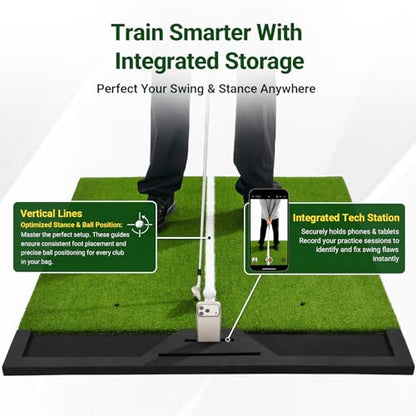 Large Golf Hitting Mat 5x4ft Indoor Outdoor Backyard, Thick Golf Practice Mat with Phone Slot & Ball Tray, Heavy Duty Artificial Turf Driving Range Golf Simulator Mat with Alignment Line - color: 5x4ft26mm