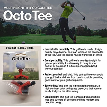 OctoTee, unisex-adult Flexible Tripod Colorful Rubber Golf Tee with Multi Height, Pack of 2