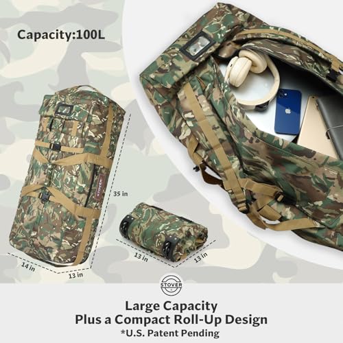 STOVER 45/80/100L Rolling Duffel Bag with Wheels, X-Large Durable Travel Duffle + Toiletry Bag, Heavy Duty, Packable with Shoulder Straps- Use as Luggage or Backpack (Camouflage) - color: Camouflage