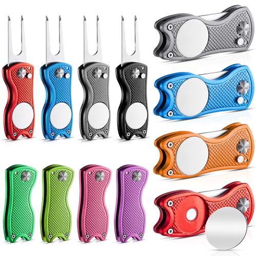 Poen Golf Divot Repair Tool with Magnetic Ball Marker, Foldable Metal Pitch Mark Fixer with Pop up Button, Golf Accessories for Men, Tournament Prizes and Gifts - color: Multicolor