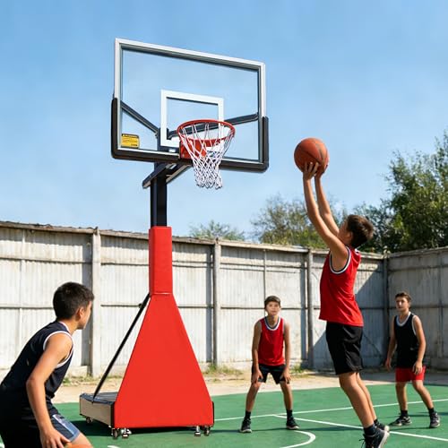Portable 55” Box Basketball Hoop with Wheels - 6ft-10ft Adjustable Height Mobile Goal System with Locking Casters for Driveway, Backyard & Outdoor Use, Moveable Basketball Hoop Outdoor