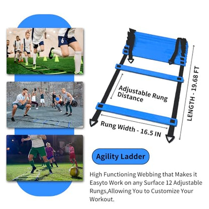 IHEPYQ Soccer Agility Training Equipment Set, 12 Rung 20Ft Agility Ladder, 12 Disc Cones, 4 Steel Stakes, Solo Soccer Trainer, Jump Rope - Speed Training Equipment for Soccer Football Basketball - color: Blue